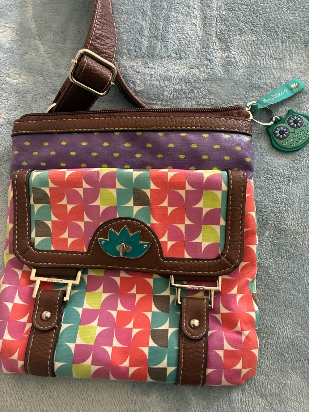Lily Bloom Multicolor Geometric Crossbody with Brown Trim